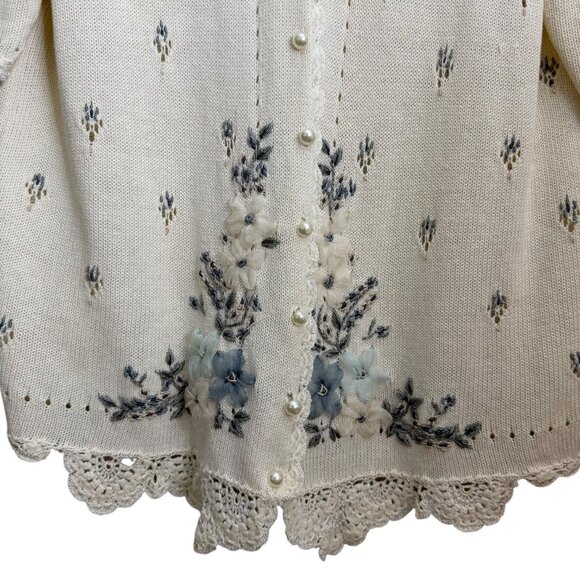Vintage Dainty Embroidered Floral Crochet Collar Cardigan Cream S Cottagecore - Picture 3 of 8
